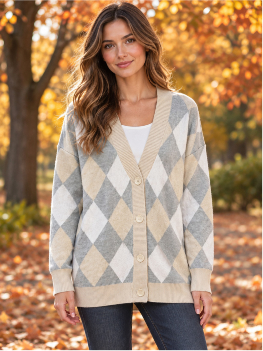 Women's EVEREVE Argyle Cardigan Sweater Beige Grey Size M